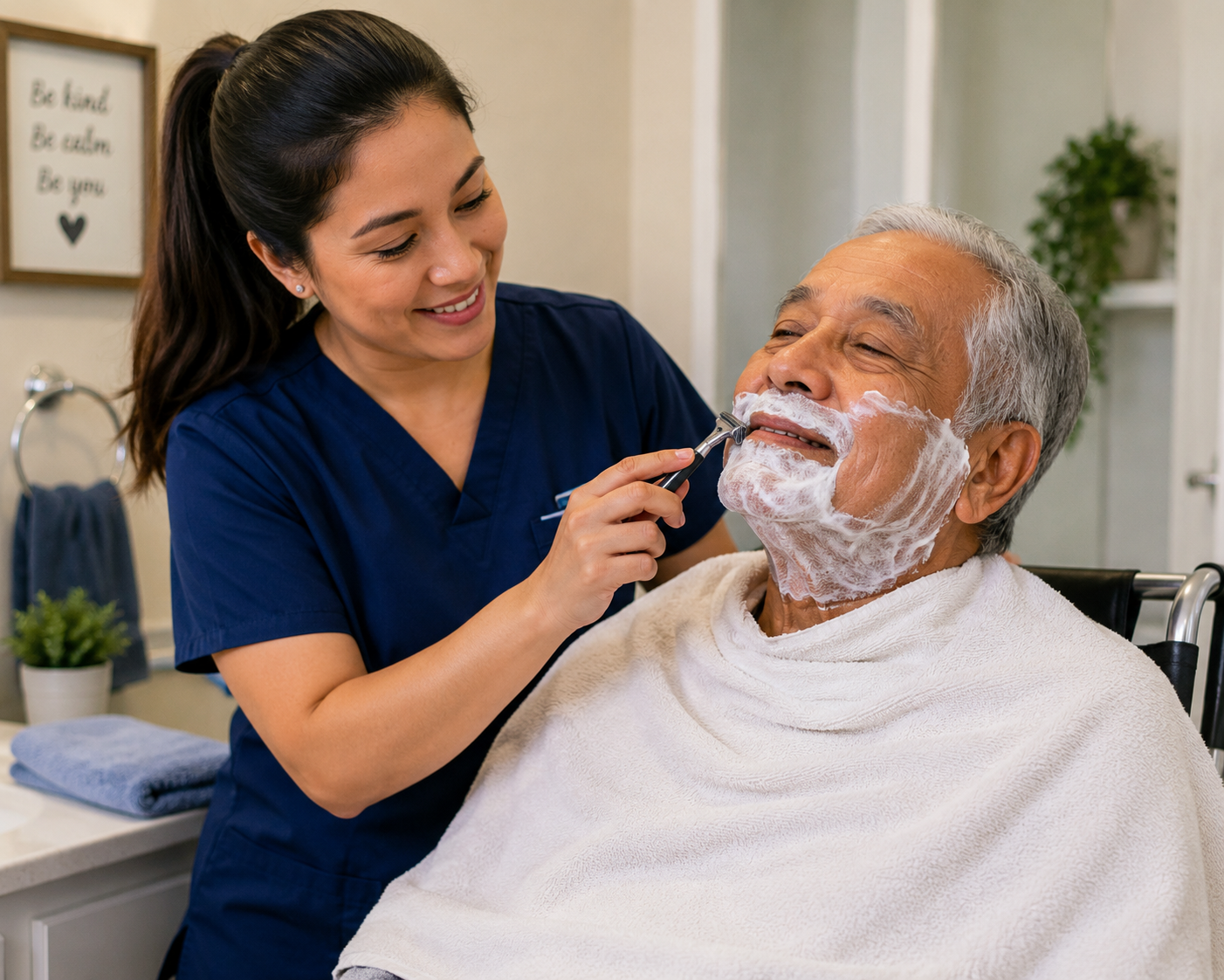 Caregiver assisting with personal care and hygiene